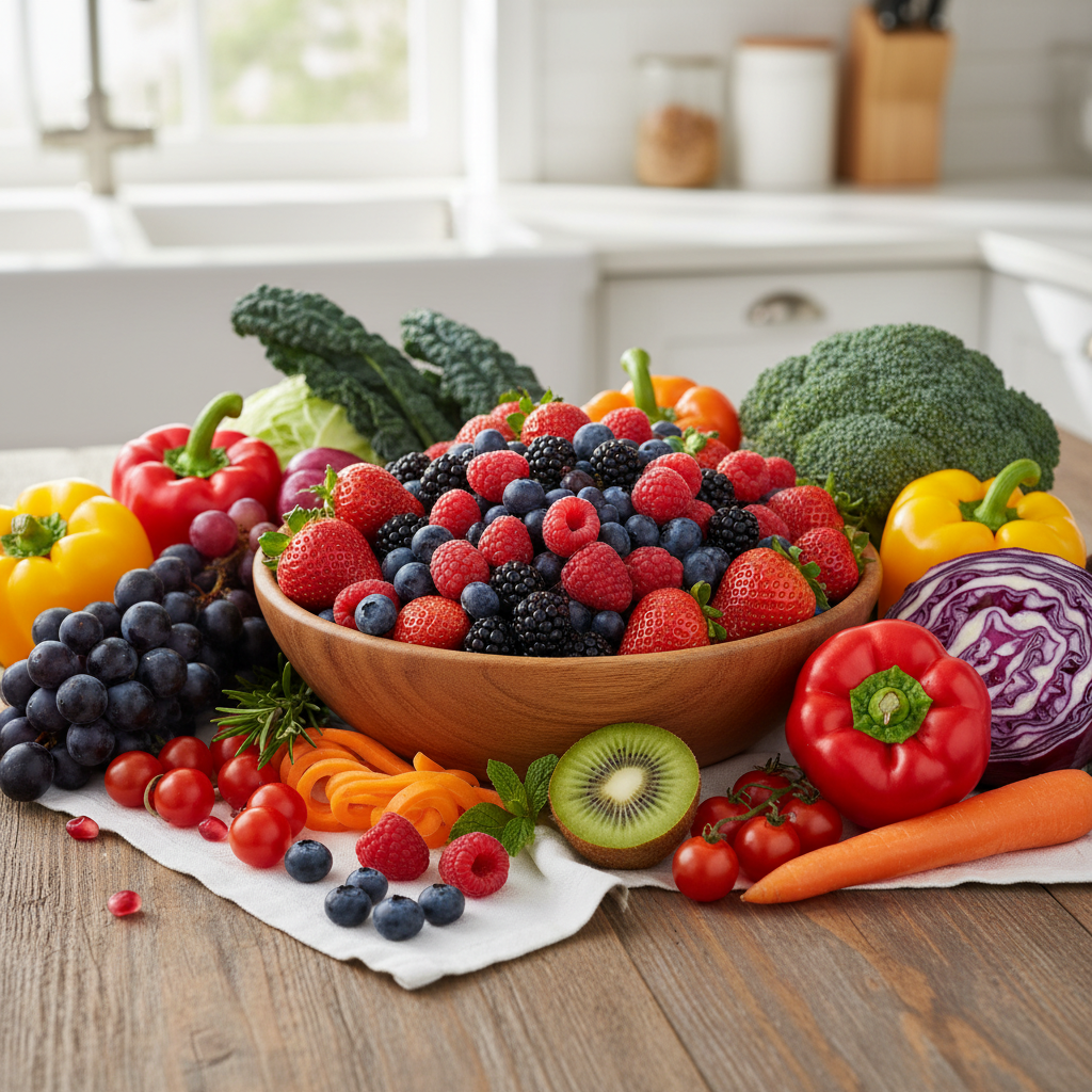 Buah beri segar dan sayuran bewarna-warni sebagai sumber antioksidan
