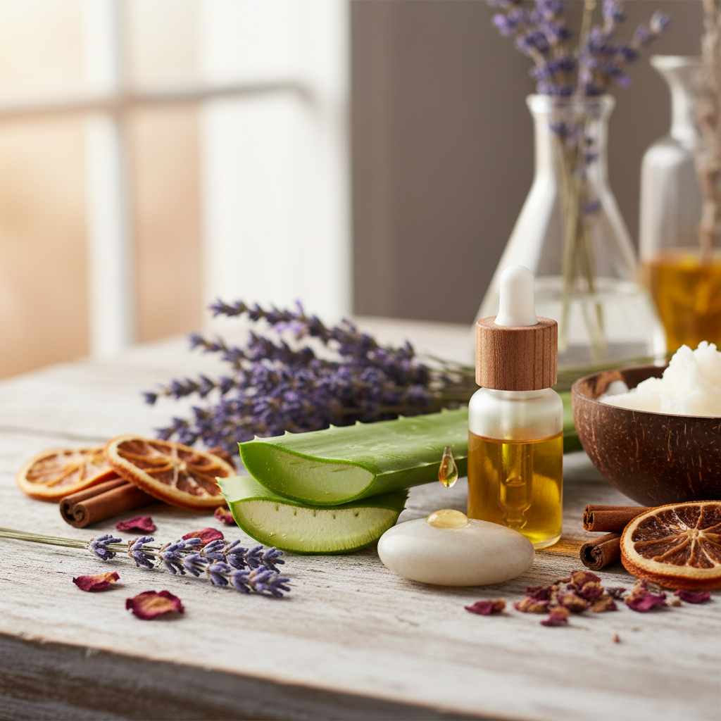 Bahan alami perawatan kulit seperti aloe vera dan minyak esensial